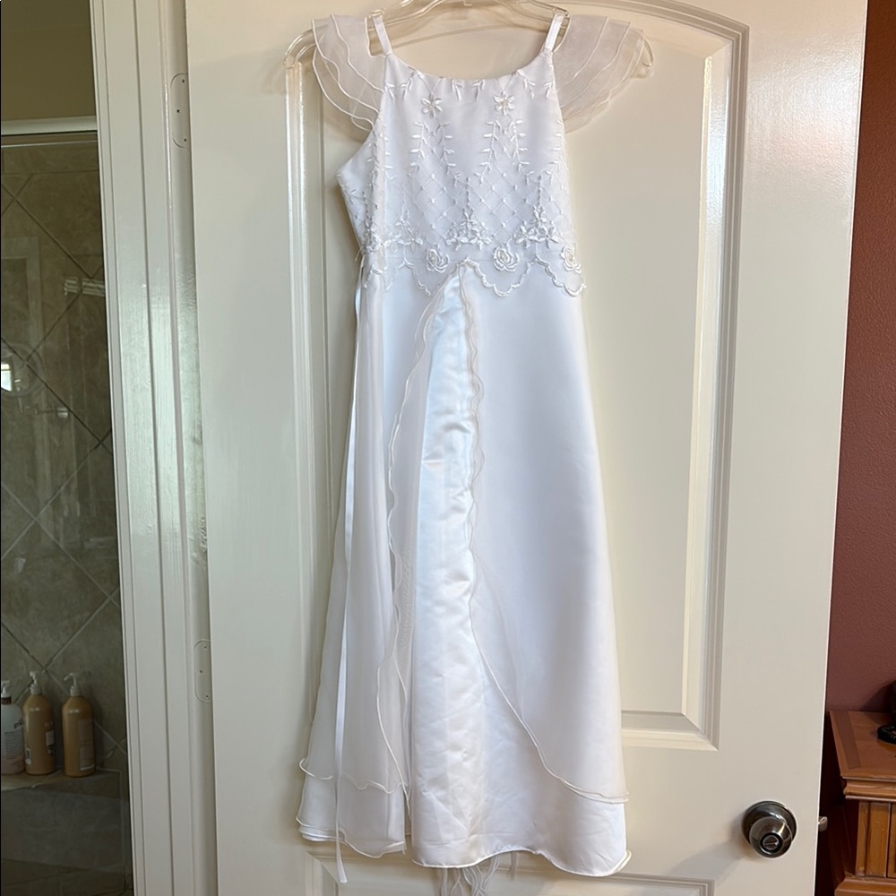 White Flutter Sleeve Spaghetti Strap First Communion Dress.
